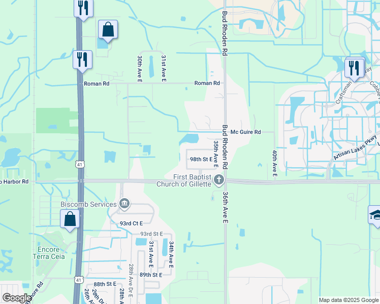 map of restaurants, bars, coffee shops, grocery stores, and more near 3317 99th Street East in Palmetto