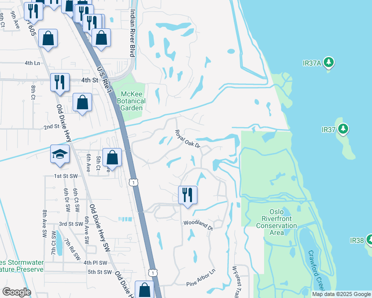 map of restaurants, bars, coffee shops, grocery stores, and more near 81 Crooked Tree Lane in Vero Beach