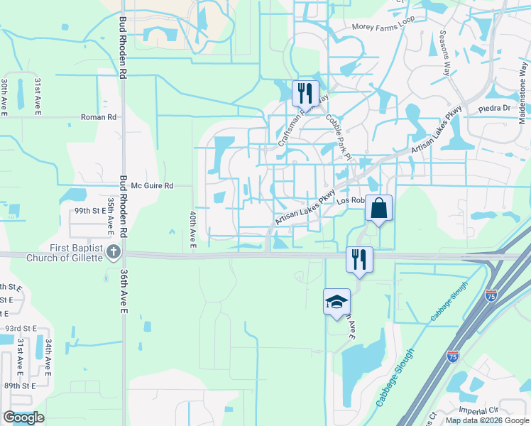map of restaurants, bars, coffee shops, grocery stores, and more near 9913 Wicker Park Place in Palmetto