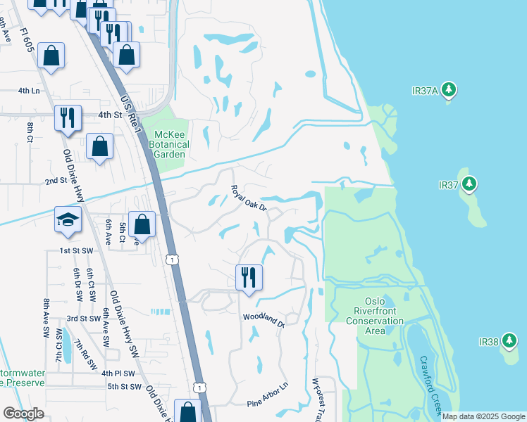 map of restaurants, bars, coffee shops, grocery stores, and more near 76 Royal Oak Drive in Vero Beach