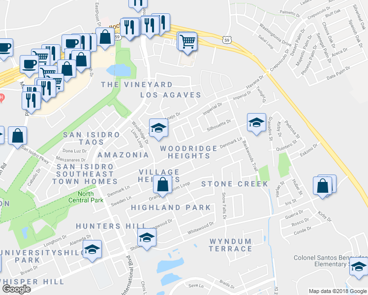 map of restaurants, bars, coffee shops, grocery stores, and more near 1832 Stone Field Lane in Laredo
