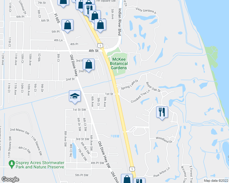 map of restaurants, bars, coffee shops, grocery stores, and more near 729 Florida 5 in Vero Beach