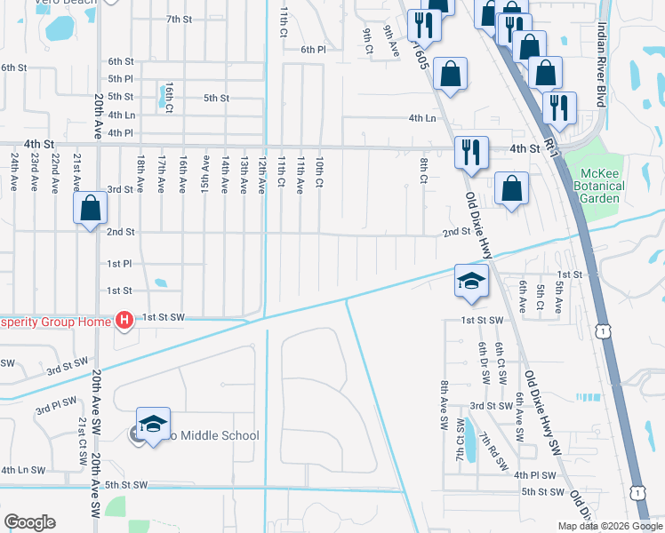 map of restaurants, bars, coffee shops, grocery stores, and more near 170 10th Avenue in Vero Beach