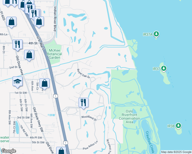 map of restaurants, bars, coffee shops, grocery stores, and more near 74 Royal Oak Court in Vero Beach