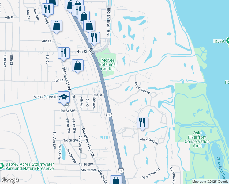 map of restaurants, bars, coffee shops, grocery stores, and more near 95 Spring Lake Drive in Vero Beach