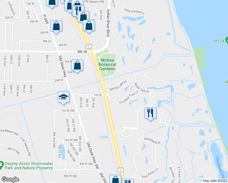 map of restaurants, bars, coffee shops, grocery stores, and more near 93 Spring Lake Drive in Vero Beach