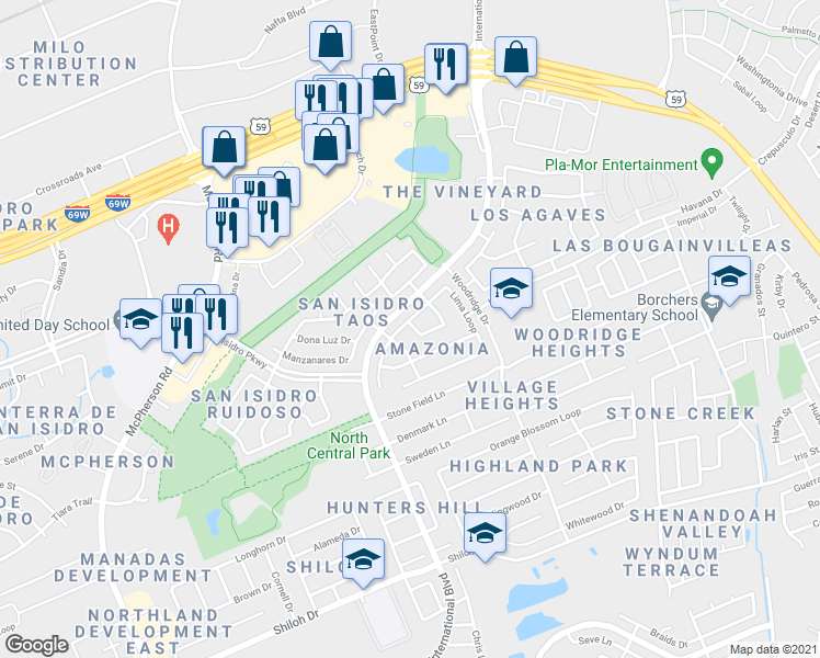 map of restaurants, bars, coffee shops, grocery stores, and more near 2053 Lima Loop in Laredo