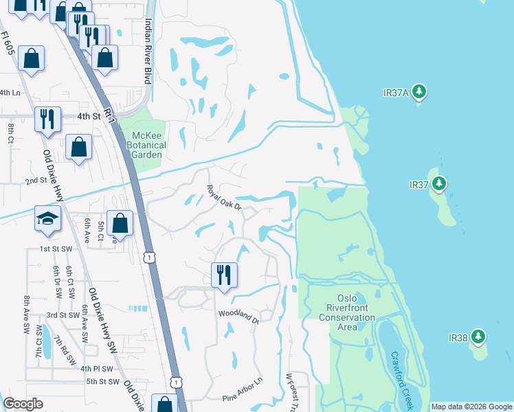 map of restaurants, bars, coffee shops, grocery stores, and more near 74 Royal Oak Court in Vero Beach