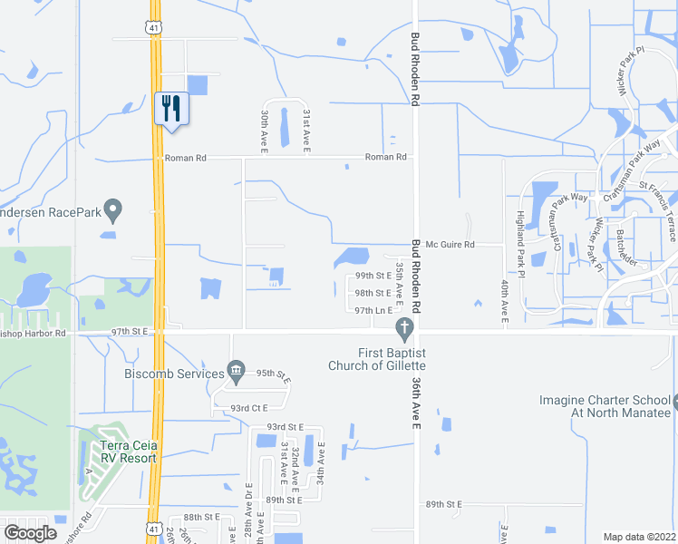 map of restaurants, bars, coffee shops, grocery stores, and more near 9827 33rd Avenue East in Palmetto