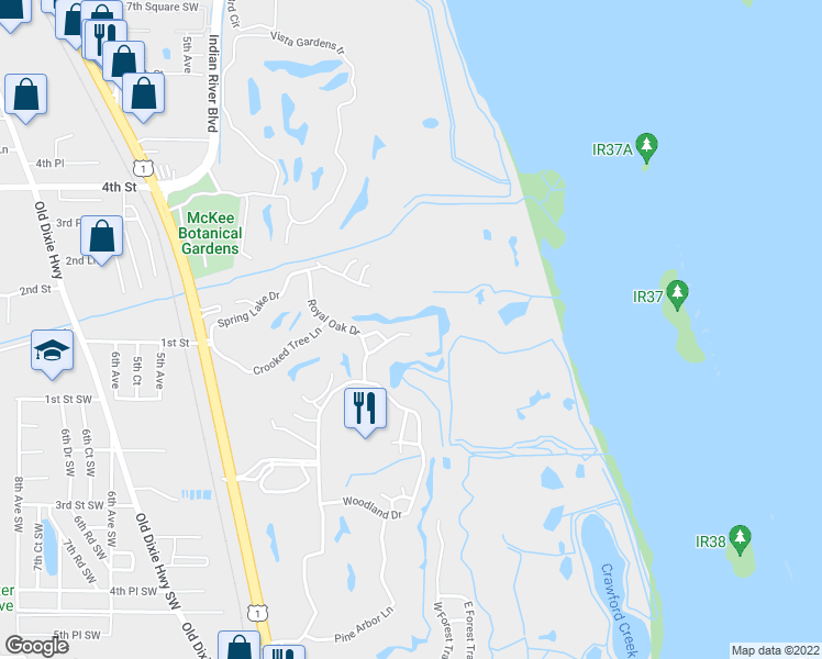 map of restaurants, bars, coffee shops, grocery stores, and more near 73 Royal Oak Court in Vero Beach