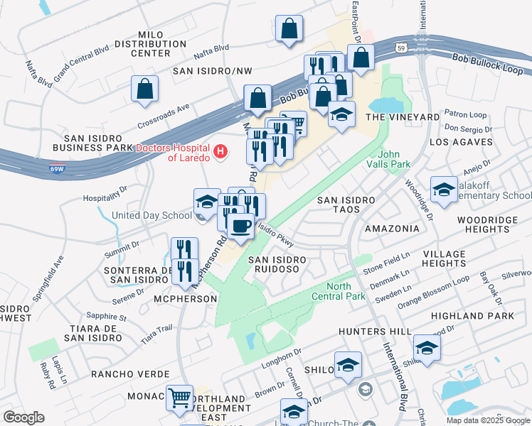 map of restaurants, bars, coffee shops, grocery stores, and more near 2246 San Isidro Pkwy in Laredo