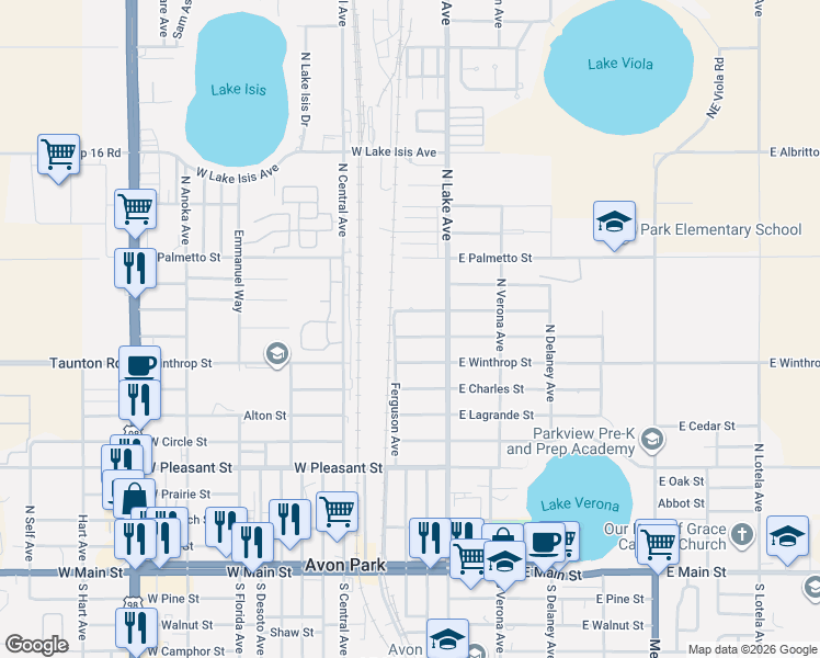 map of restaurants, bars, coffee shops, grocery stores, and more near 15 West Wolf Street in Avon Park