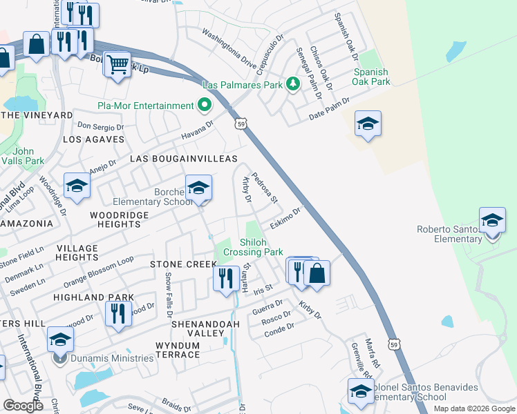 map of restaurants, bars, coffee shops, grocery stores, and more near 3212 Quintero Street in Laredo