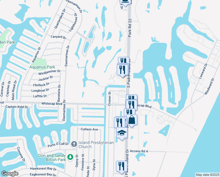 map of restaurants, bars, coffee shops, grocery stores, and more near 14318 Cruiser Street in Corpus Christi