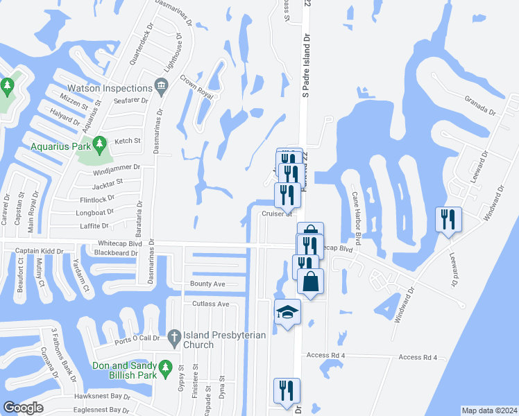 map of restaurants, bars, coffee shops, grocery stores, and more near 14318 Cruiser Street in Corpus Christi