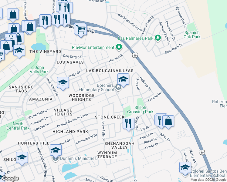 map of restaurants, bars, coffee shops, grocery stores, and more near 2015 Denmark Lane in Laredo