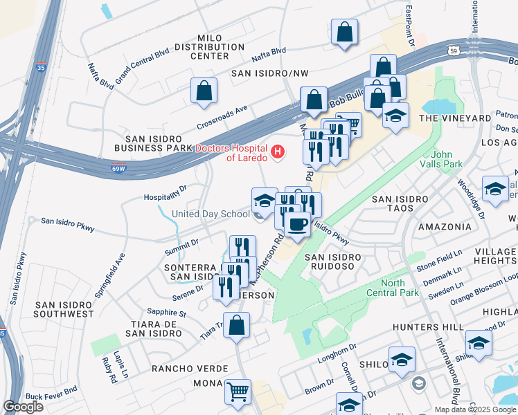 map of restaurants, bars, coffee shops, grocery stores, and more near San Isidro Parkway in Laredo