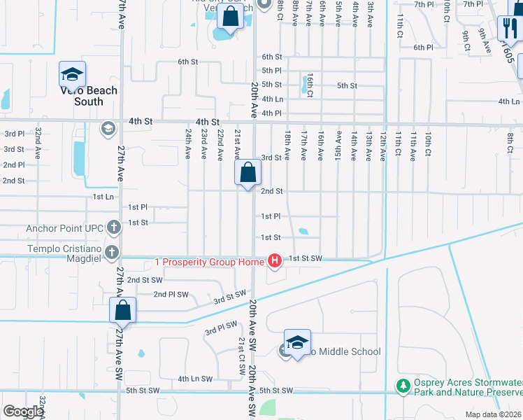 map of restaurants, bars, coffee shops, grocery stores, and more near 1940 1st Place in Vero Beach