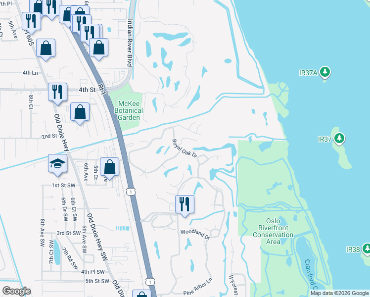 map of restaurants, bars, coffee shops, grocery stores, and more near 79 Royal Oak Drive in Vero Beach