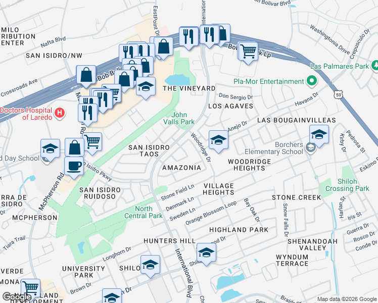 map of restaurants, bars, coffee shops, grocery stores, and more near 2067 Lima Loop in Laredo