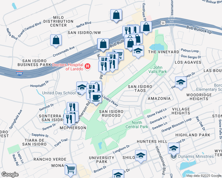 map of restaurants, bars, coffee shops, grocery stores, and more near 2246 San Isidro Parkway in Laredo