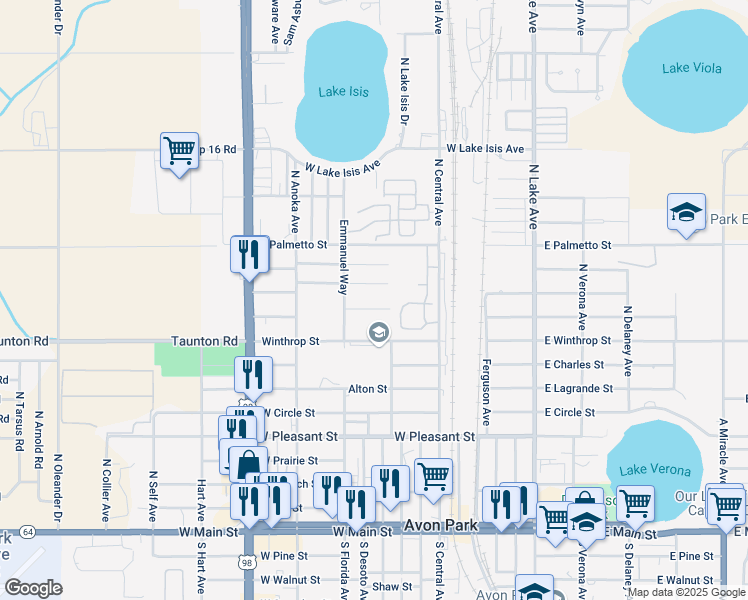map of restaurants, bars, coffee shops, grocery stores, and more near 700 W Oak Ln St in Avon Park