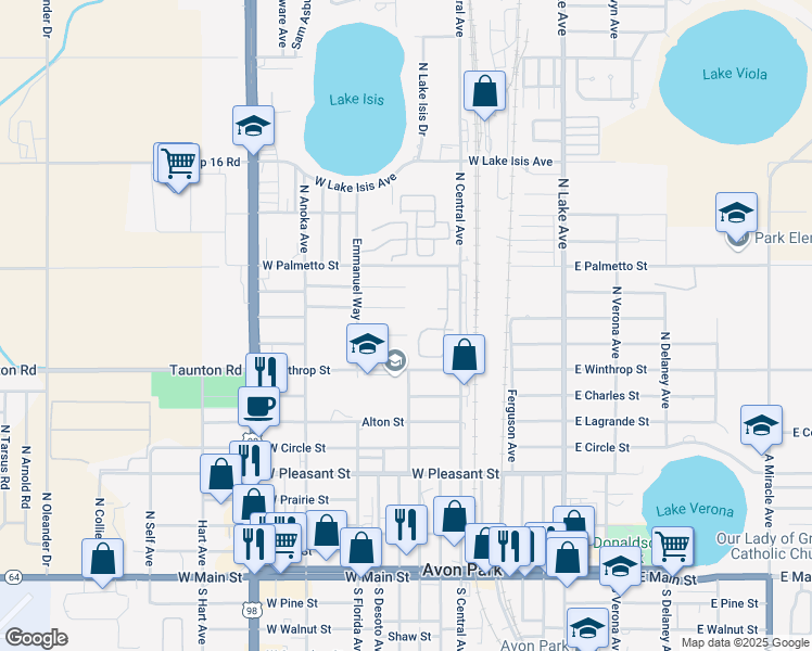 map of restaurants, bars, coffee shops, grocery stores, and more near 700 W Oak Ln St in Avon Park