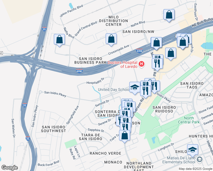 map of restaurants, bars, coffee shops, grocery stores, and more near 10510 Sandia Drive in Laredo