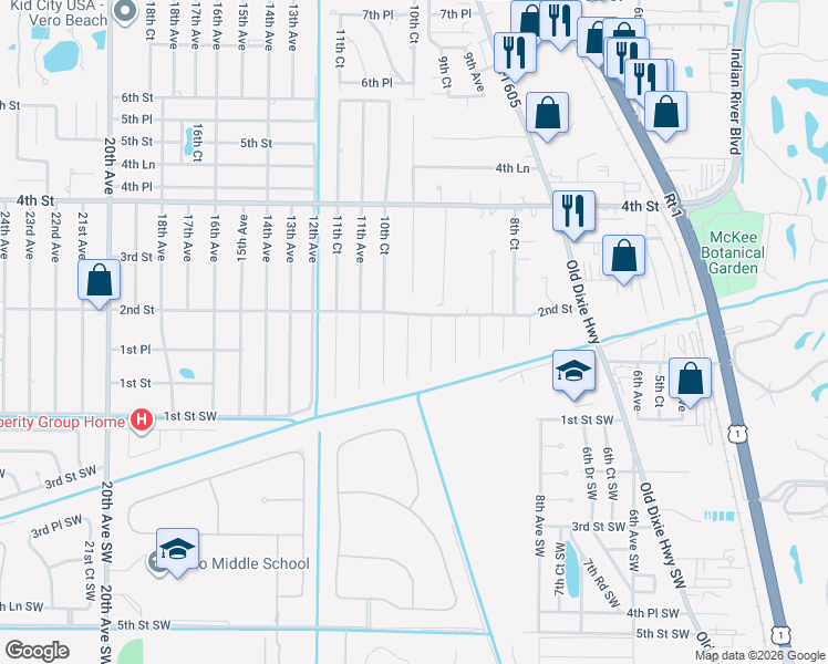 map of restaurants, bars, coffee shops, grocery stores, and more near 170 10th Avenue in Vero Beach