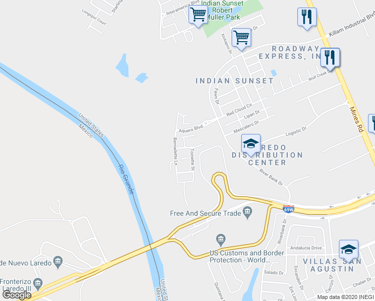 map of restaurants, bars, coffee shops, grocery stores, and more near 405 Soubirous Road in Laredo