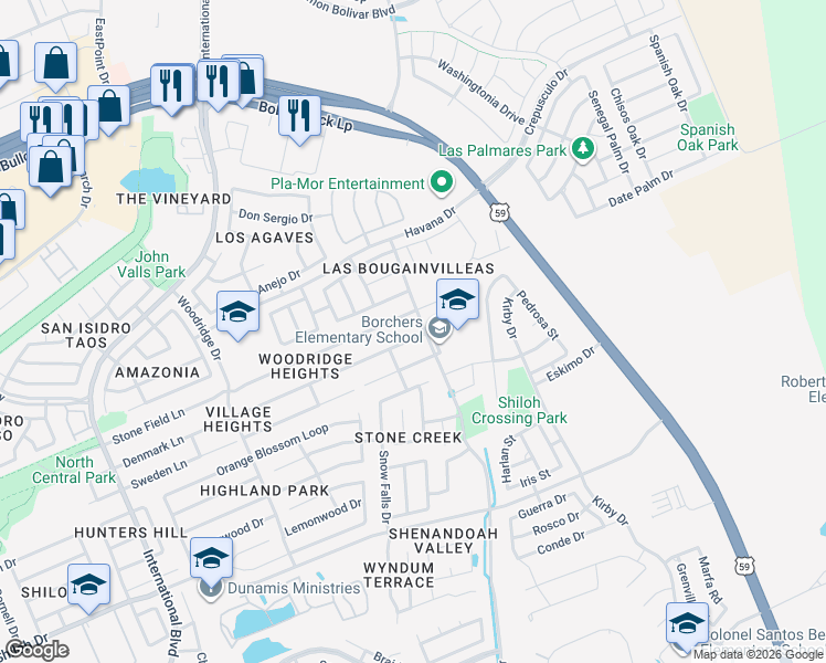 map of restaurants, bars, coffee shops, grocery stores, and more near 2015 Denmark Lane in Laredo