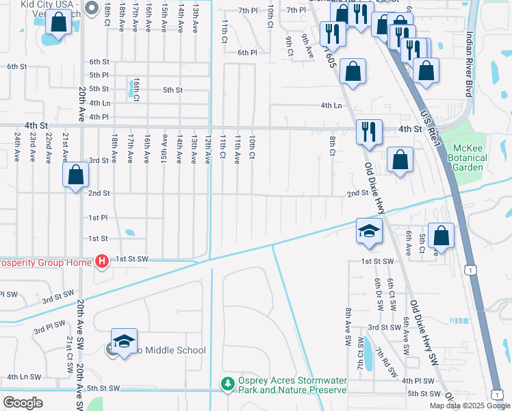 map of restaurants, bars, coffee shops, grocery stores, and more near 161 10th Court in Vero Beach