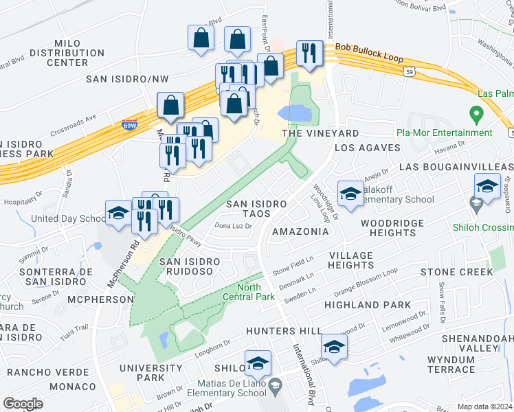 map of restaurants, bars, coffee shops, grocery stores, and more near 2025 Chimayo Road in Laredo
