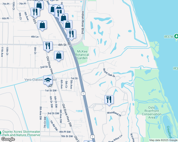 map of restaurants, bars, coffee shops, grocery stores, and more near 95 Spring Lake Drive in Vero Beach