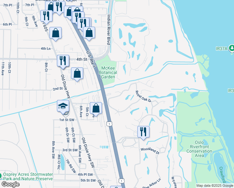 map of restaurants, bars, coffee shops, grocery stores, and more near 95 Spring Lake Drive in Vero Beach