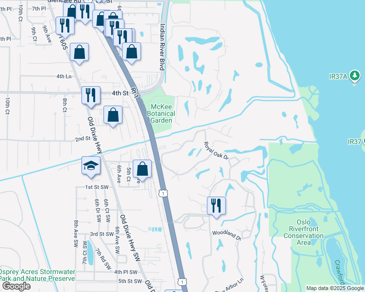map of restaurants, bars, coffee shops, grocery stores, and more near 150 Spring Lake Drive in Vero Beach