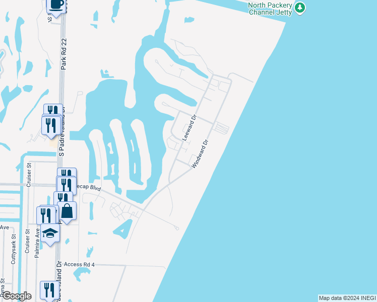 map of restaurants, bars, coffee shops, grocery stores, and more near 15202 Beach Way Drive in Corpus Christi