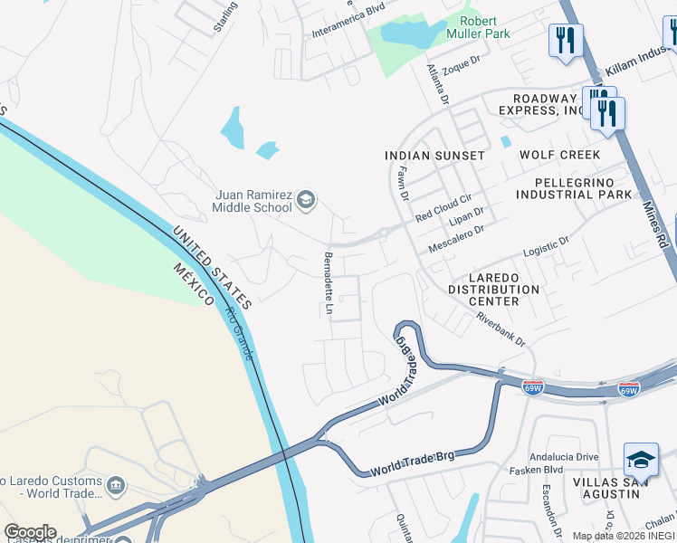 map of restaurants, bars, coffee shops, grocery stores, and more near 405 Soubirous Road in Laredo