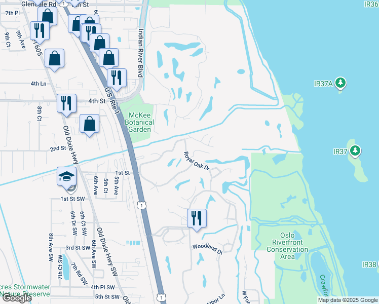 map of restaurants, bars, coffee shops, grocery stores, and more near 103 Royal Oak Drive in Vero Beach