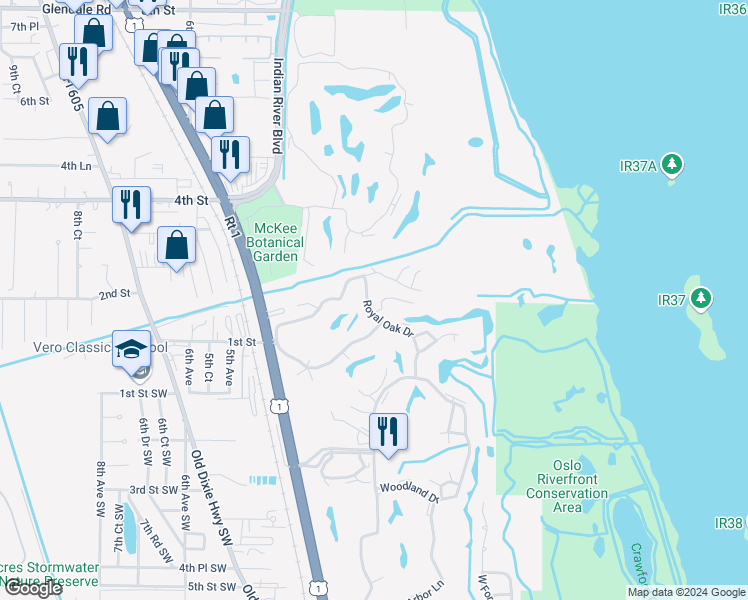 map of restaurants, bars, coffee shops, grocery stores, and more near 103 Royal Oak Drive in Vero Beach