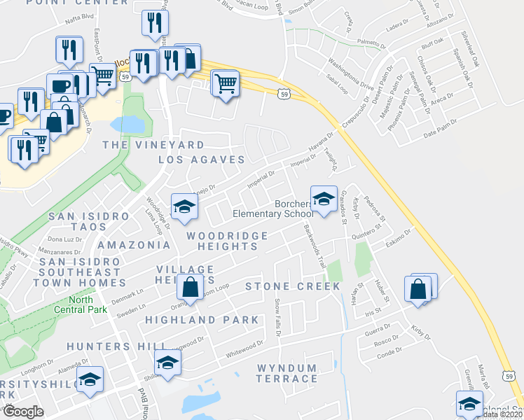 map of restaurants, bars, coffee shops, grocery stores, and more near 3011 Silhouette Drive in Laredo