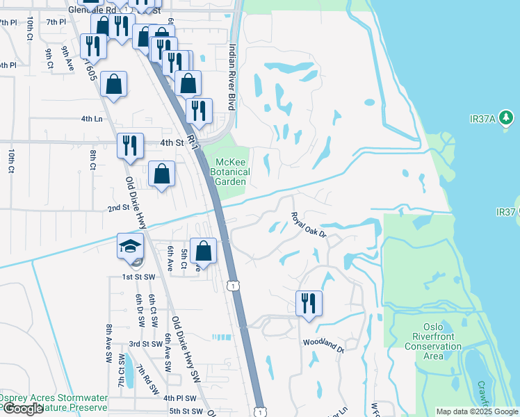 map of restaurants, bars, coffee shops, grocery stores, and more near 95 Spring Lake Drive in Vero Beach