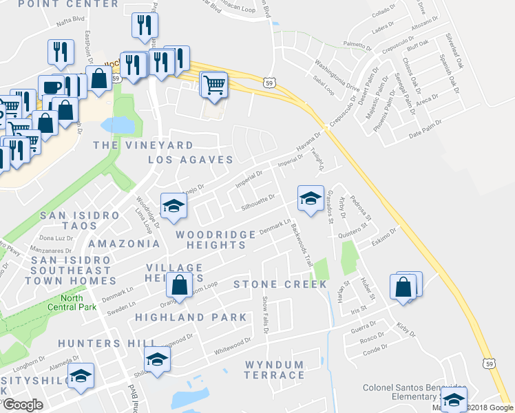 map of restaurants, bars, coffee shops, grocery stores, and more near 3017 Silhouette Drive in Laredo