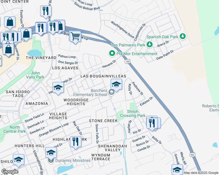 map of restaurants, bars, coffee shops, grocery stores, and more near 1906 Stone Field Lane in Laredo