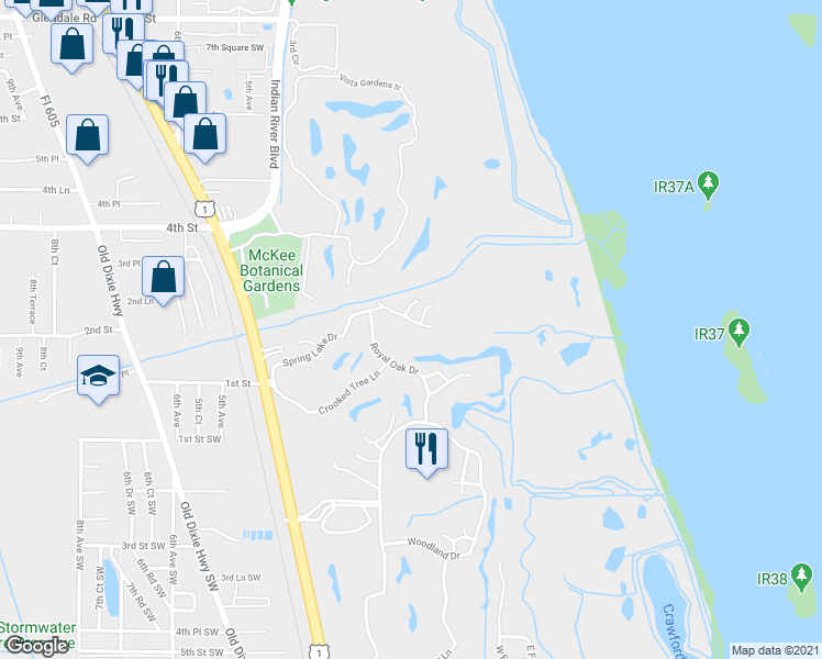 map of restaurants, bars, coffee shops, grocery stores, and more near 108 Spring Lake Court in Vero Beach