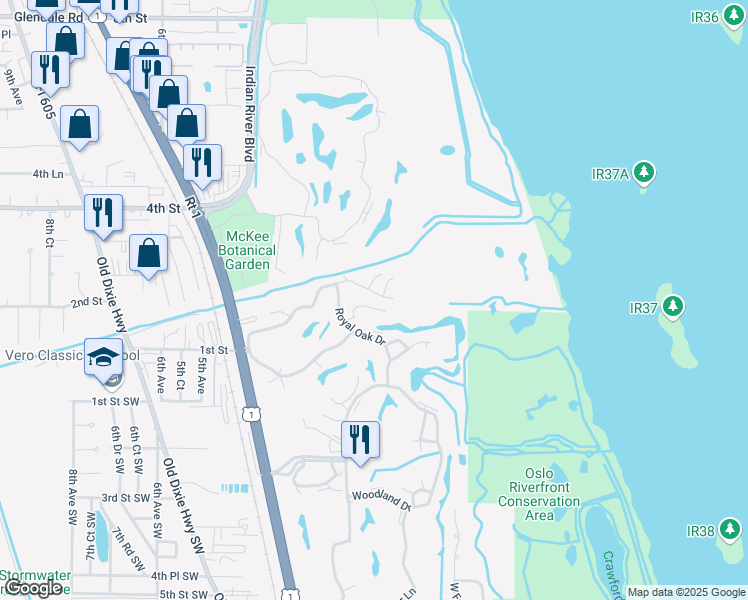map of restaurants, bars, coffee shops, grocery stores, and more near 108 Spring Lake Court in Vero Beach