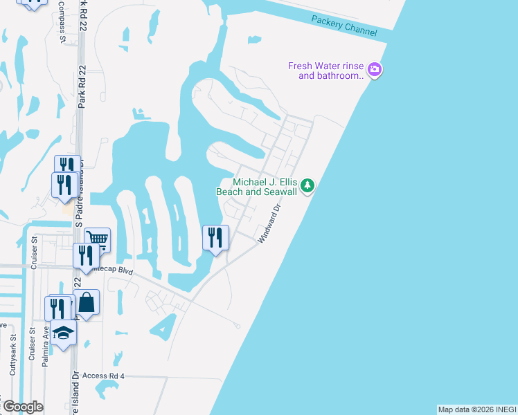 map of restaurants, bars, coffee shops, grocery stores, and more near 15102 Leeward Drive in Corpus Christi