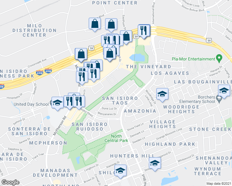 map of restaurants, bars, coffee shops, grocery stores, and more near 2108 Don Pascual Court in Laredo