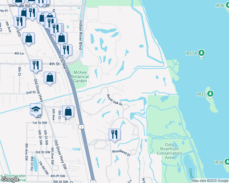 map of restaurants, bars, coffee shops, grocery stores, and more near 104 Royal Oak Drive in Vero Beach