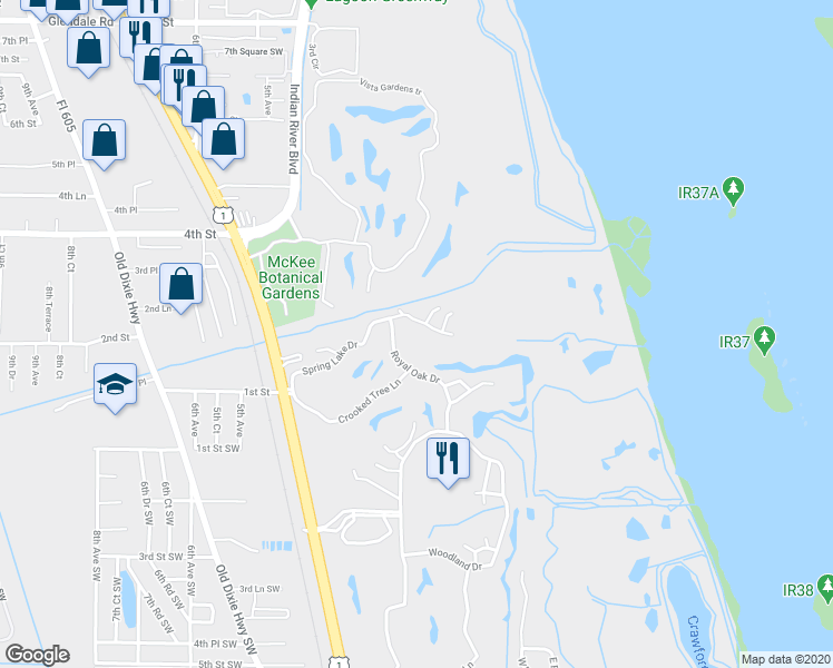 map of restaurants, bars, coffee shops, grocery stores, and more near 104 Royal Oak Drive in Vero Beach